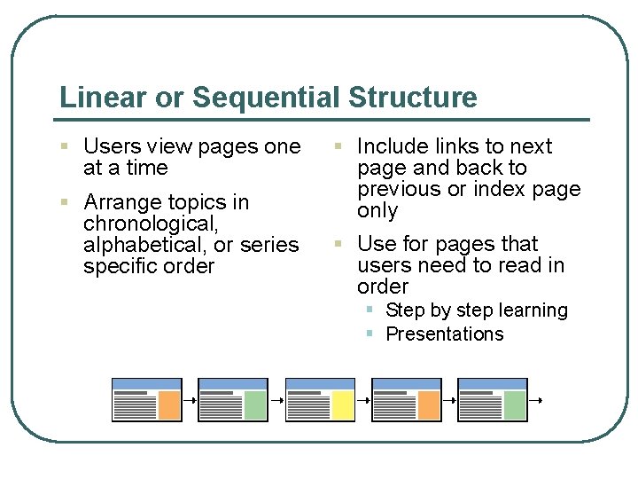 Linear or Sequential Structure § Users view pages one at a time § Arrange