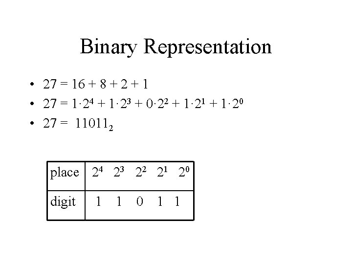 Binary Representation • 27 = 16 + 8 + 2 + 1 • 27