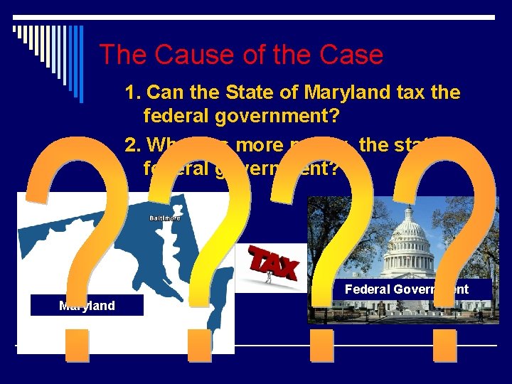 The Cause of the Case 1. Can the State of Maryland tax the federal