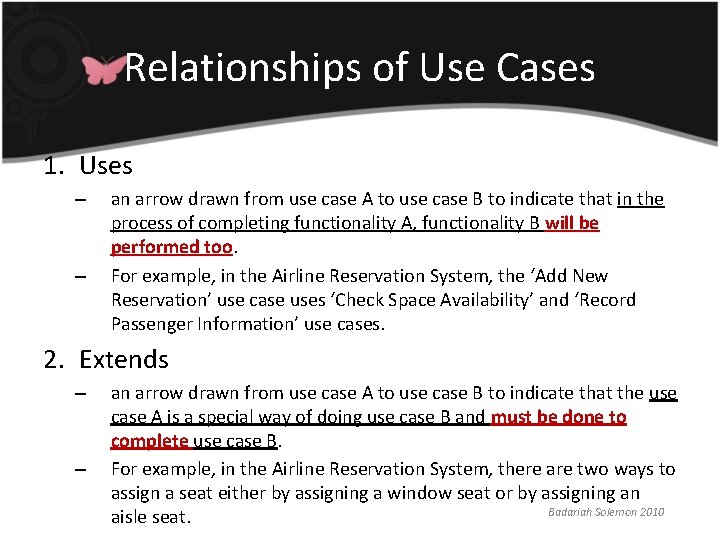 Relationships of Use Cases 1. Uses – – an arrow drawn from use case