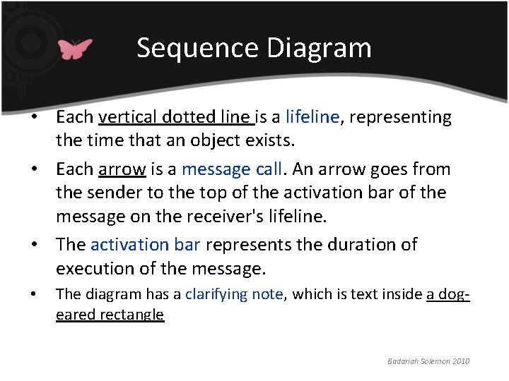 Sequence Diagram • Each vertical dotted line is a lifeline, representing the time that