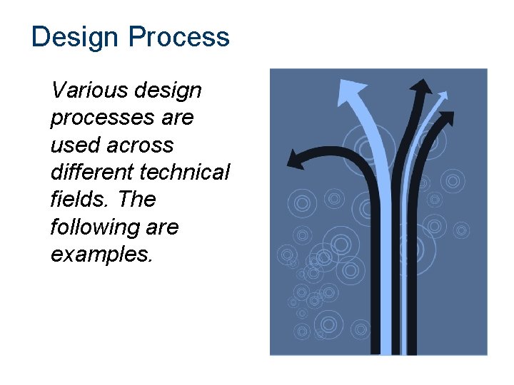Design Process Various design processes are used across different technical fields. The following are
