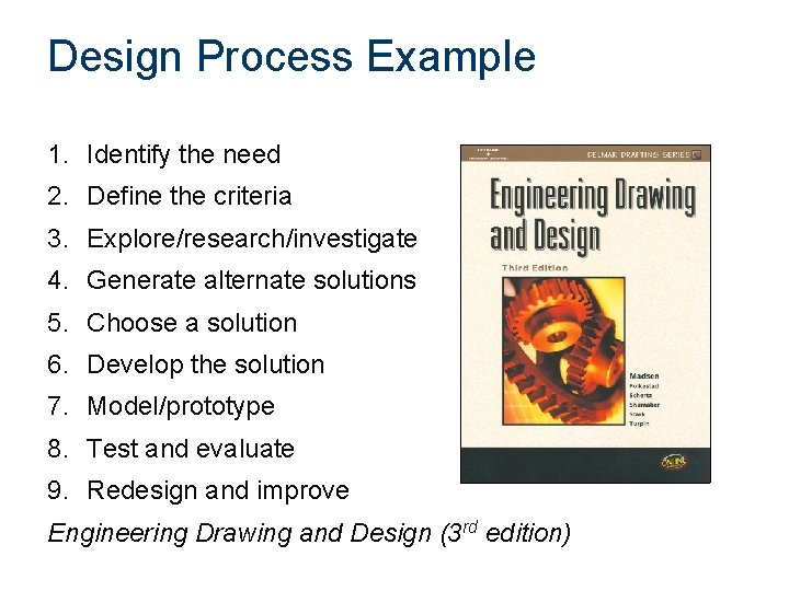 Design Process Example 1. Identify the need 2. Define the criteria 3. Explore/research/investigate 4.