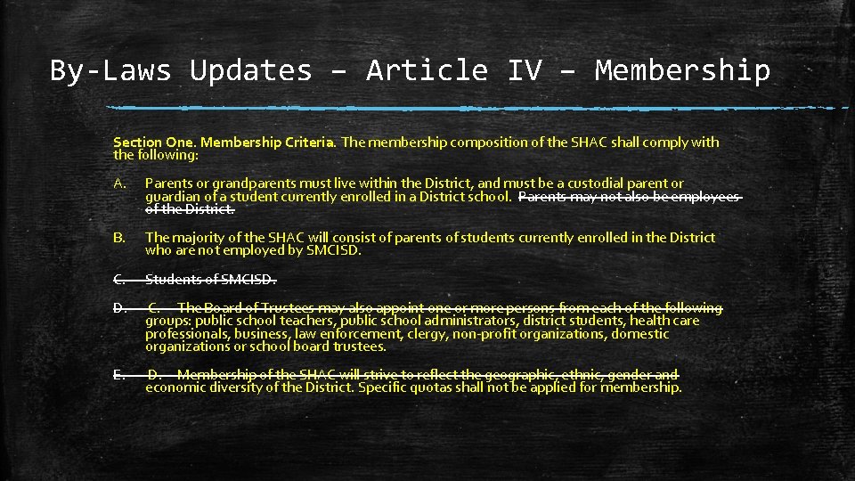 By-Laws Updates – Article IV – Membership Section One. Membership Criteria. The membership composition