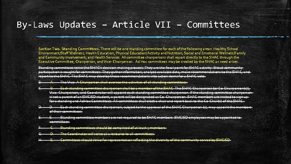 By-Laws Updates – Article VII – Committees Section Two. Standing Committees. There will be