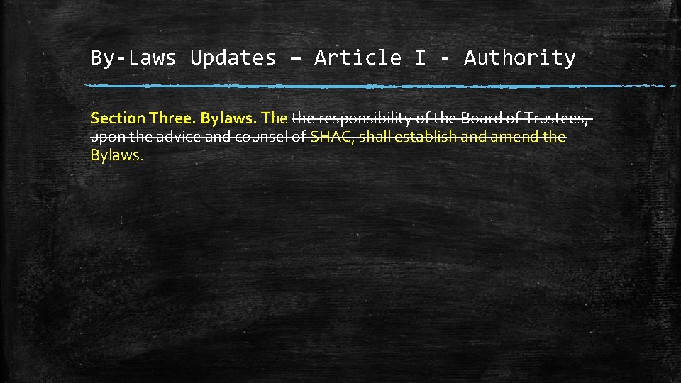 By-Laws Updates – Article I - Authority Section Three. Bylaws. The the responsibility of