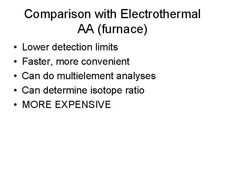 Comparison with Electrothermal AA (furnace) • • • Lower detection limits Faster, more convenient