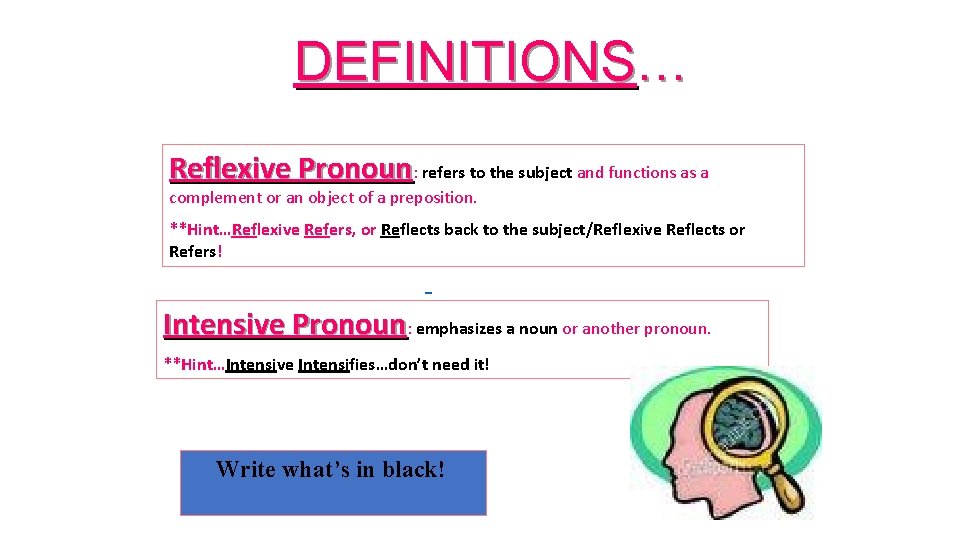 DEFINITIONS… Reflexive Pronoun: refers to the subject and functions as a complement or an