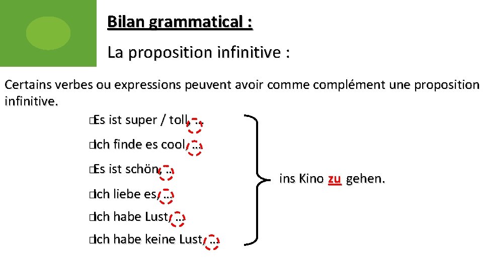 Bilan grammatical : La proposition infinitive : Certains verbes ou expressions peuvent avoir comme