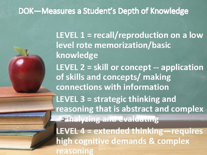 DOK—Measures a Student’s Depth of Knowledge LEVEL 1 = recall/reproduction on a low level