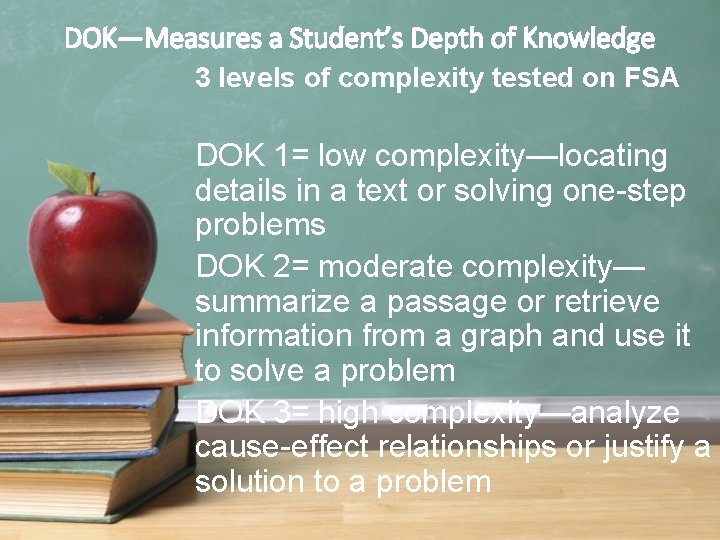DOK—Measures a Student’s Depth of Knowledge 3 levels of complexity tested on FSA DOK