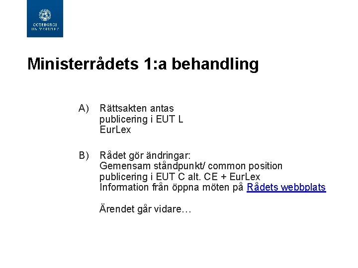 Ministerrådets 1: a behandling A) Rättsakten antas publicering i EUT L Eur. Lex B)