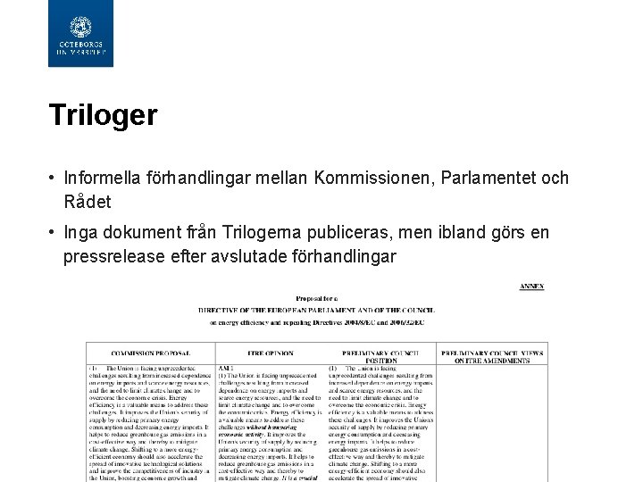 Triloger • Informella förhandlingar mellan Kommissionen, Parlamentet och Rådet • Inga dokument från Trilogerna