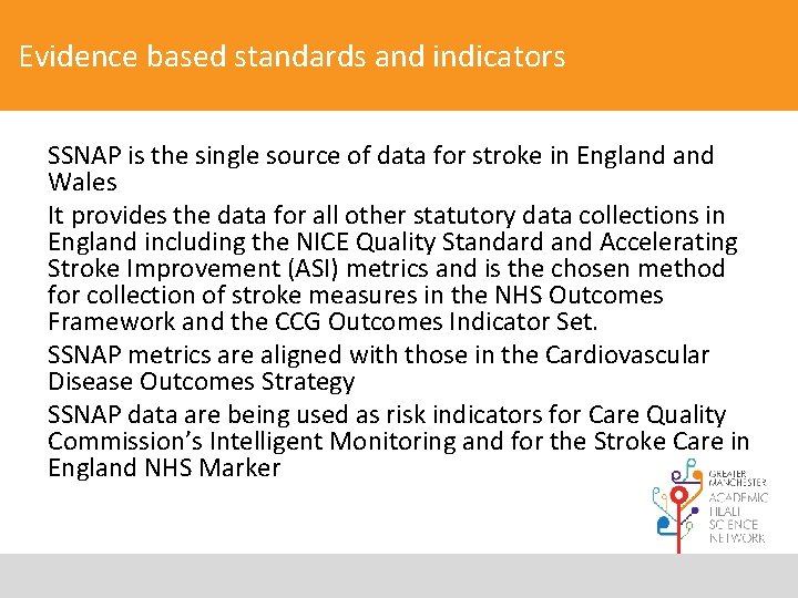 Evidence based standards and indicators SSNAP is the single source of data for stroke