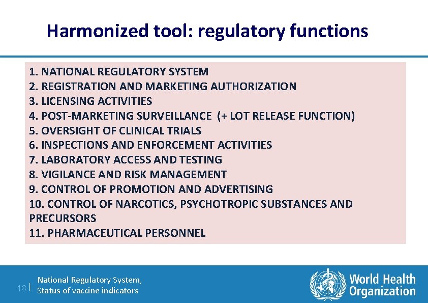 Harmonized tool: regulatory functions 1. NATIONAL REGULATORY SYSTEM 2. REGISTRATION AND MARKETING AUTHORIZATION 3.