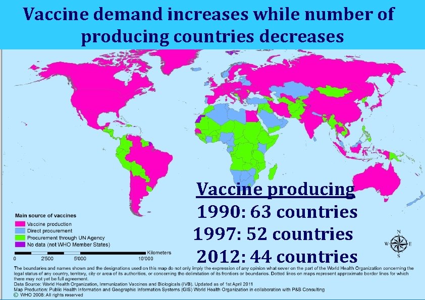 Vaccine demand increases while number of producing countries decreases Vaccine producing 1990: 63 countries