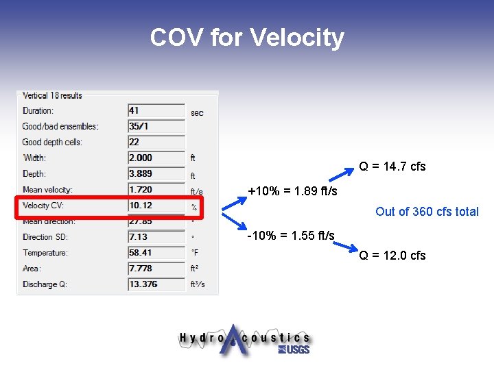 COV for Velocity Q = 14. 7 cfs +10% = 1. 89 ft/s Out