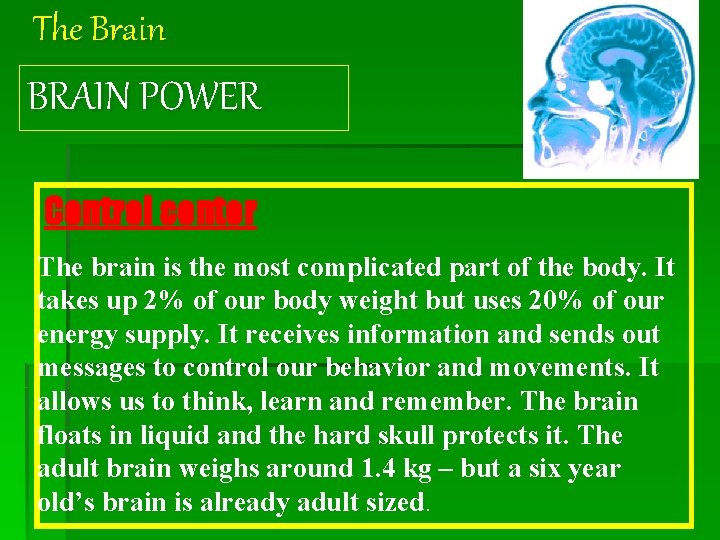 The Brain BRAIN POWER Control center The brain is the most complicated part of