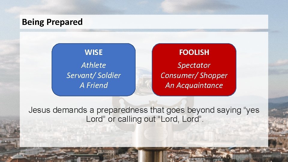 Being Prepared WISE FOOLISH Athlete Servant/ Soldier A Friend Spectator Consumer/ Shopper An Acquaintance