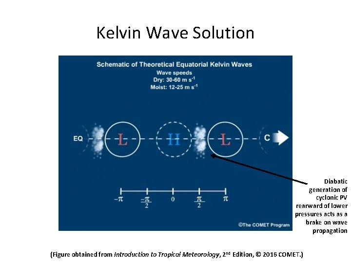 Kelvin Wave Solution Diabatic generation of cyclonic PV rearward of lower pressures acts as