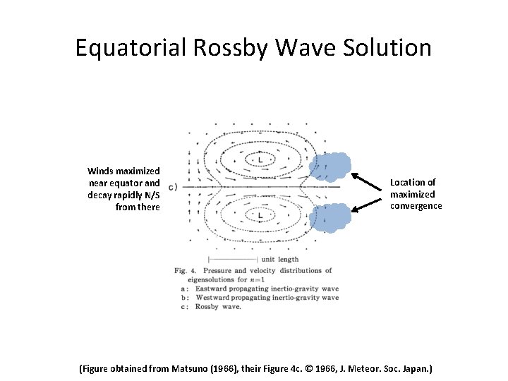 Equatorial Rossby Wave Solution Winds maximized near equator and decay rapidly N/S from there