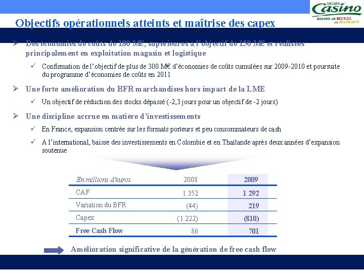 Objectifs opérationnels atteints et maîtrise des capex Ø Des économies de coûts de 180