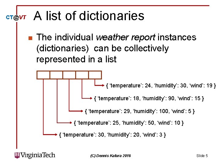 A list of dictionaries CT@VT n The individual weather report instances (dictionaries) can be
