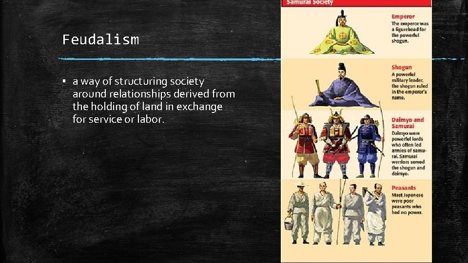 Feudalism ▪ a way of structuring society around relationships derived from the holding of
