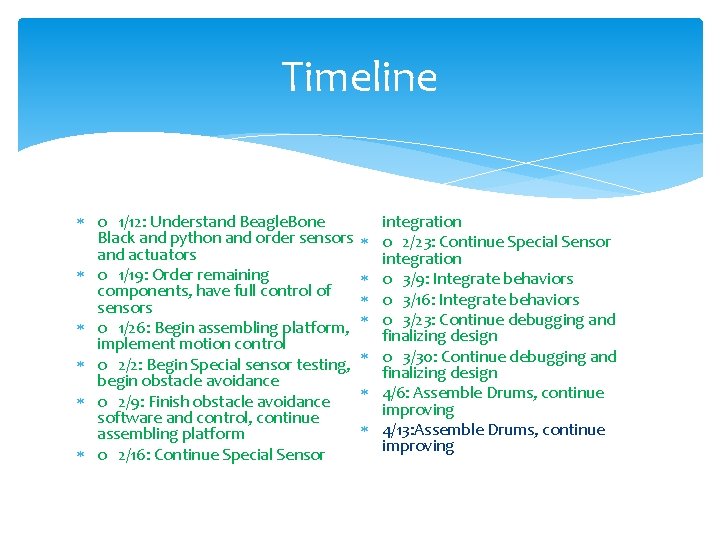 Timeline o 1/12: Understand Beagle. Bone Black and python and order sensors and actuators