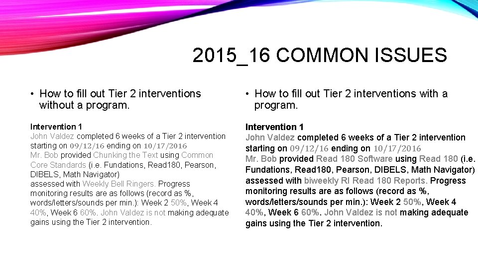 2015_16 COMMON ISSUES • How to fill out Tier 2 interventions without a program.