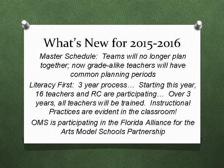 What’s New for 2015 -2016 Master Schedule: Teams will no longer plan together; now