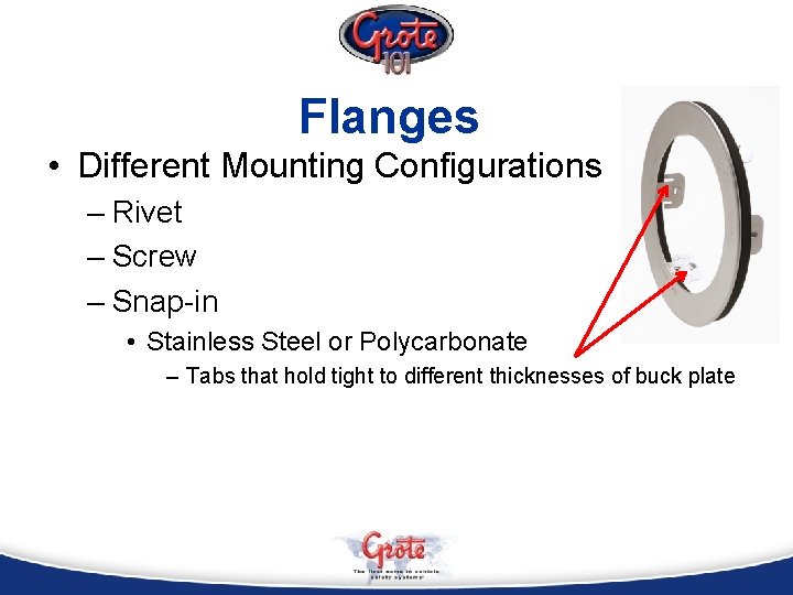 Flanges • Different Mounting Configurations – Rivet – Screw – Snap-in • Stainless Steel