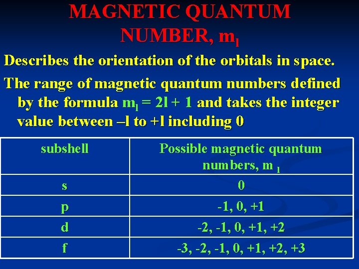 MAGNETIC QUANTUM NUMBER, ml Describes the orientation of the orbitals in space. The range