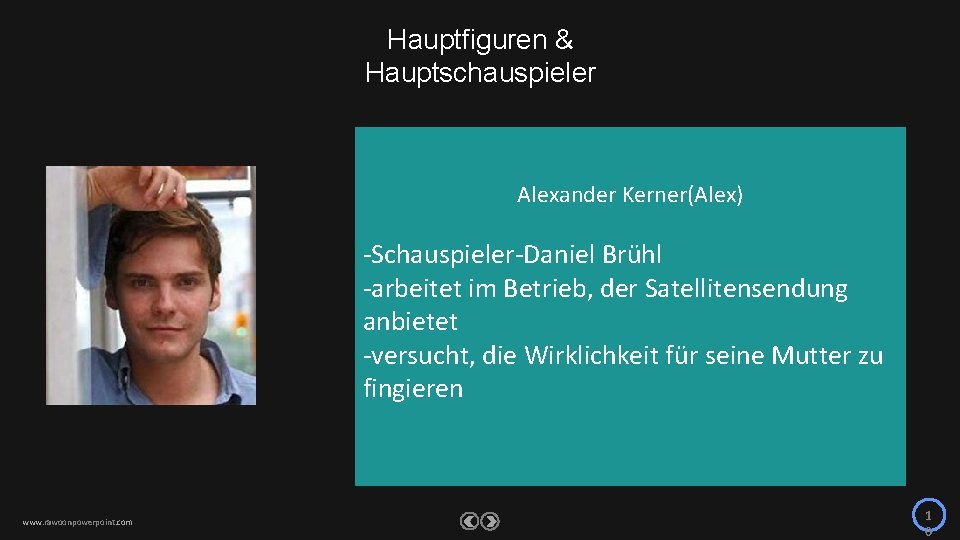 Hauptfiguren & Hauptschauspieler Alexander Kerner(Alex) -Schauspieler-Daniel Brühl -arbeitet im Betrieb, der Satellitensendung anbietet -versucht,