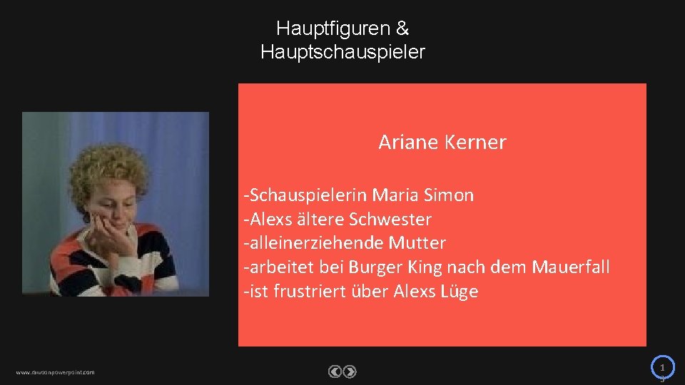 Hauptfiguren & Hauptschauspieler Ariane Kerner -Schauspielerin Maria Simon -Alexs ältere Schwester -alleinerziehende Mutter -arbeitet