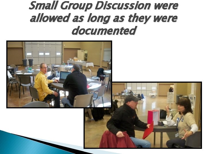 Small Group Discussion were allowed as long as they were documented 