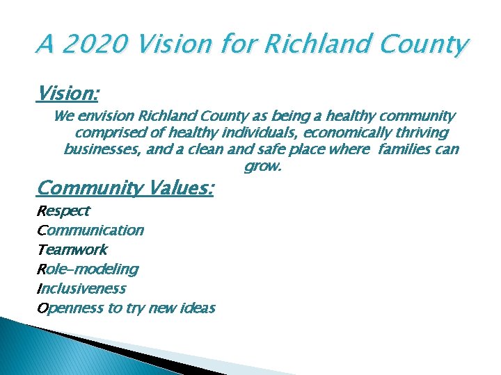 A 2020 Vision for Richland County Vision: We envision Richland County as being a