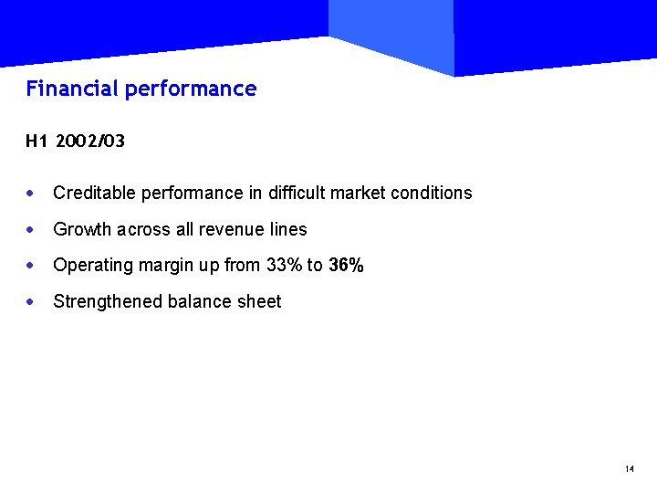 Financial performance H 1 2002/03 · Creditable performance in difficult market conditions · Growth