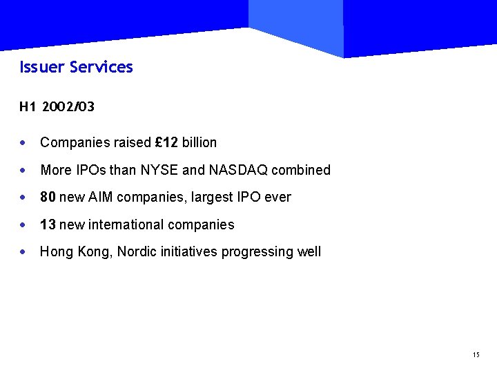 Issuer Services H 1 2002/03 · Companies raised £ 12 billion · More IPOs