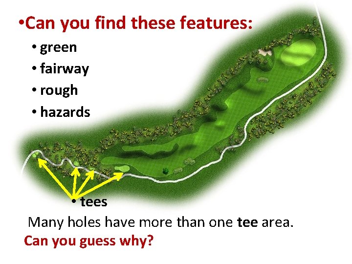 • Can you find these features: • green • fairway • rough •  • Can you find these features: • green • fairway • rough •