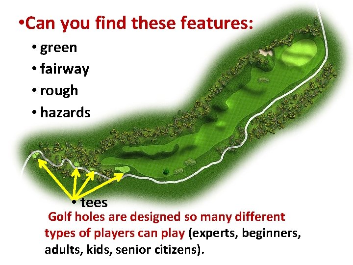 • Can you find these features: • green • fairway • rough •  • Can you find these features: • green • fairway • rough •