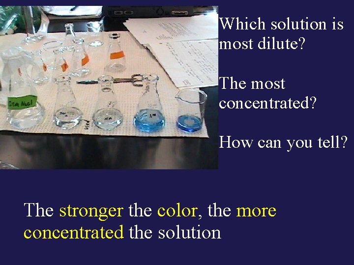 Which solution is most dilute? The most concentrated? How can you tell? The stronger