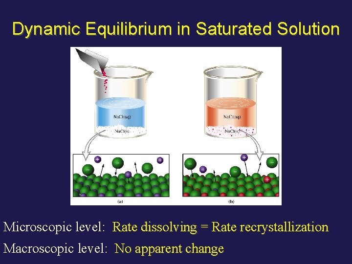 Dynamic Equilibrium in Saturated Solution Microscopic level: Rate dissolving = Rate recrystallization Macroscopic level: