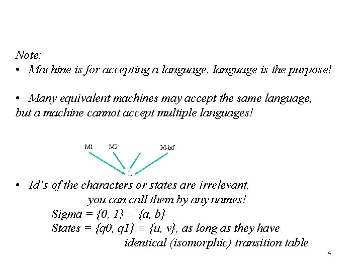 Note: • Machine is for accepting a language, language is the purpose! • Many