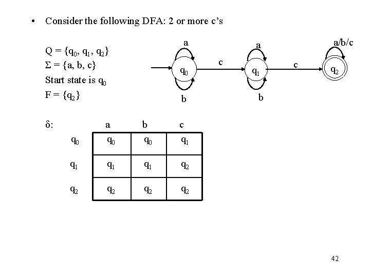  • Consider the following DFA: 2 or more c’s a Q = {q