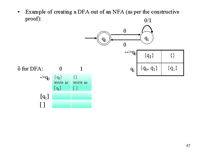  • Example of creating a DFA out of an NFA (as per the