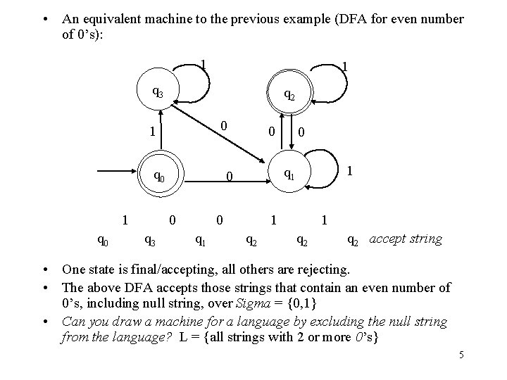  • An equivalent machine to the previous example (DFA for even number of