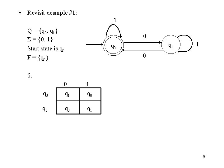  • Revisit example #1: 1 Q = {q 0, q 1} Σ =