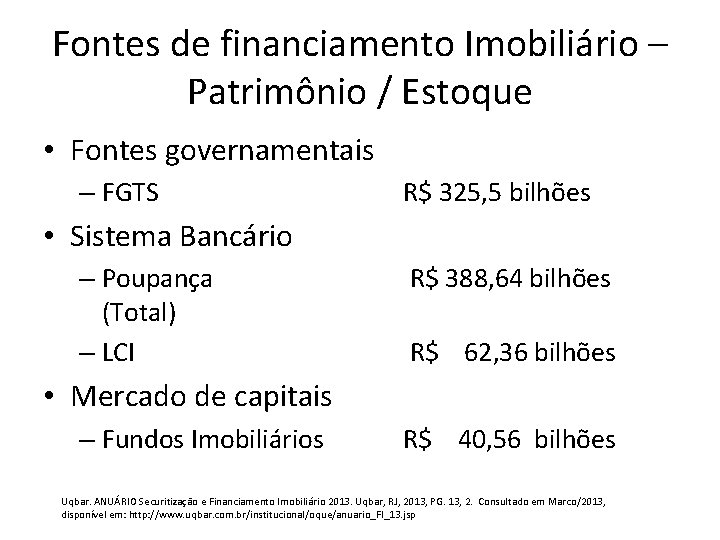 Fontes de financiamento Imobiliário – Patrimônio / Estoque • Fontes governamentais – FGTS R$