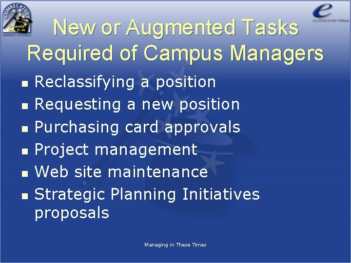 New or Augmented Tasks Required of Campus Managers n n n Reclassifying a position